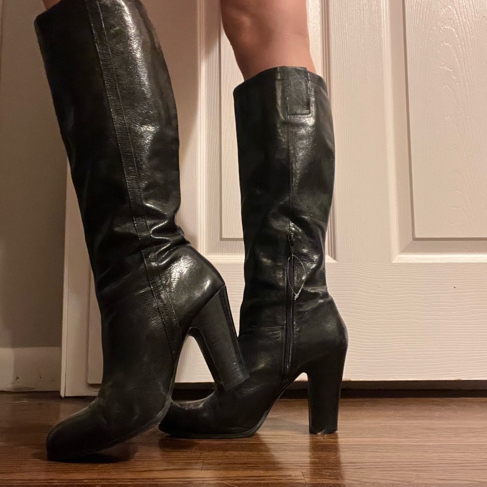 Black Vintage Leather Knee-High Boots